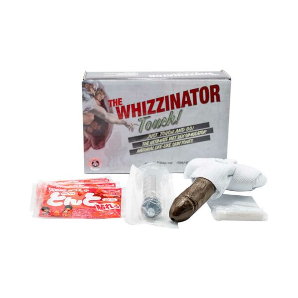 The Whizzinator Touch product kit: 3 heating pads, medical syringe and brown male prosthetic device - ALS Wholesale