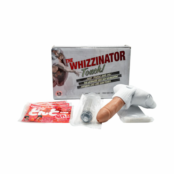 The Whizzinator Touch product kit: 3 heating pads, medical syringe and tan male prosthetic device - ALS Wholesale
